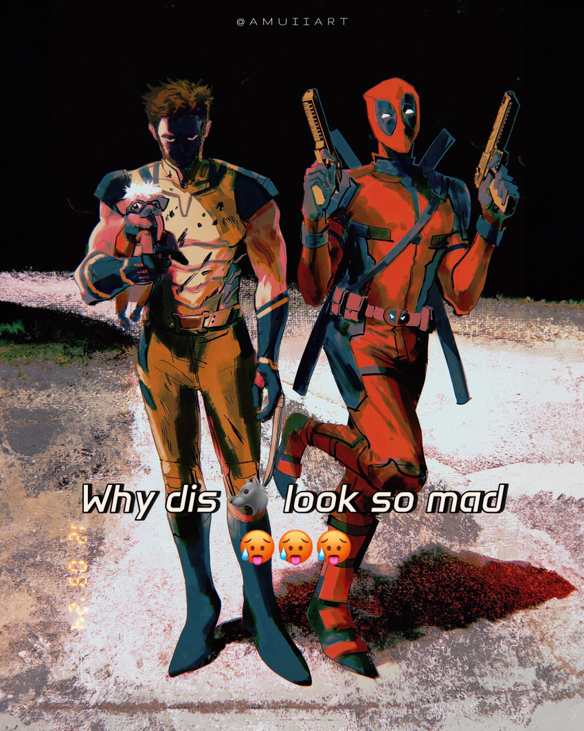 2boys, absurdres, amuii, animal, belt, black_gloves, blue_gloves, bodysuit, boots, brown_hair, claw_(weapon), deadpool, deadpool_&amp;_wolverine, deadpool_(series), dog, dogpool, dual_wielding, elbow_gloves, emoji, english_text, full_body, gloves, gun, handgun, highres, holding, holding_animal, holding_dog, katana, male_focus, marvel, marvel_cinematic_universe, meme, multiple_boys, muscular, red_bodysuit, shaded_face, sleeveless, standing, standing_on_one_leg, superhero_costume, sword, sword_behind_back, tongue, tongue_out, twitter_username, two-tone_bodysuit, weapon, why_dis_ninja_look_so_mad_(meme), wolverine_(x-men), x-men, yellow_belt, yellow_bodysuit
