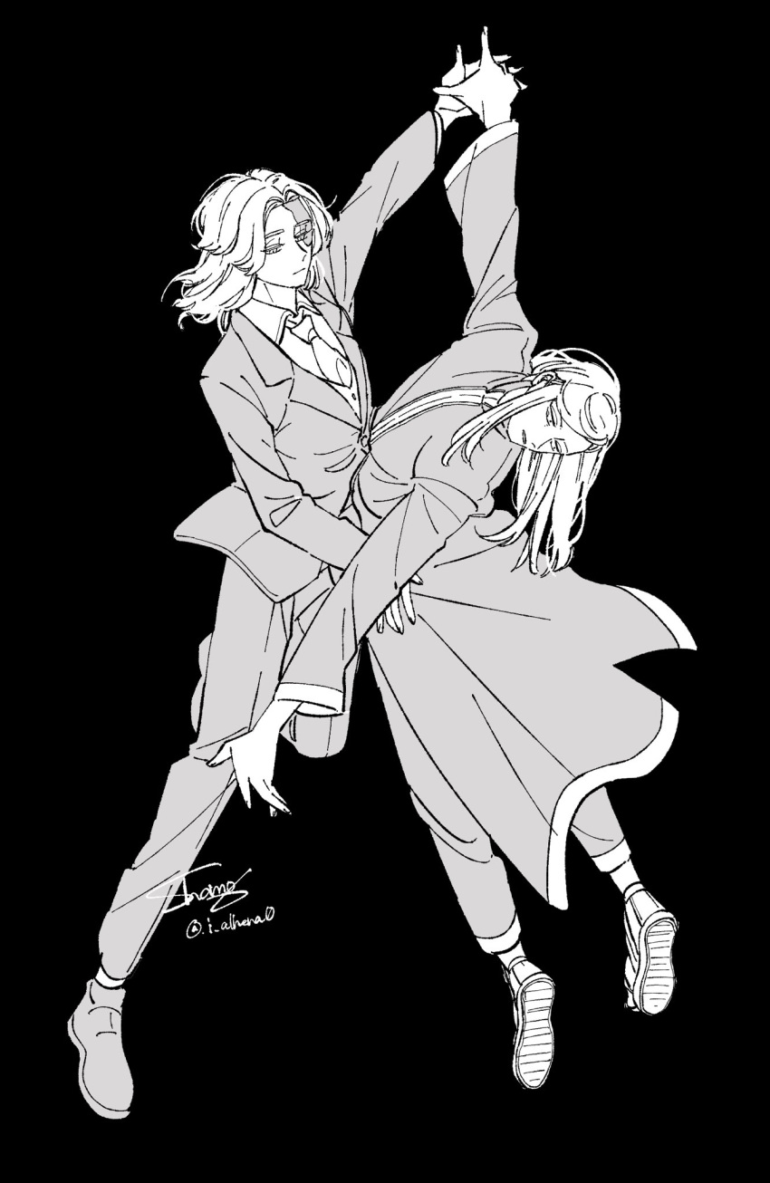 2boys, burn_scar, closed_mouth, collared_shirt, commentary, dancing, full_body, greyscale