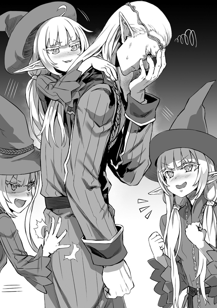 1boy, 1girl, aconitum_(orc_eiyuu_monogatari), ahoge, asanagi, ass_smack, elf, facepalm, fang, greyscale, hat, highres, long_hair, long_pointy_ears, monochrome, novel_illustration, official_art, orc_eiyuu_monogatari, pointy_ears, related, shoulder_massage, smile, sweatdrop, thunder_sonia, witch_hat