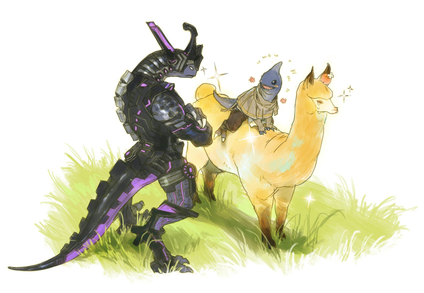 2boys, alpaca, armor, black_eyes, blank_eyes, blue_skin, blush, claws