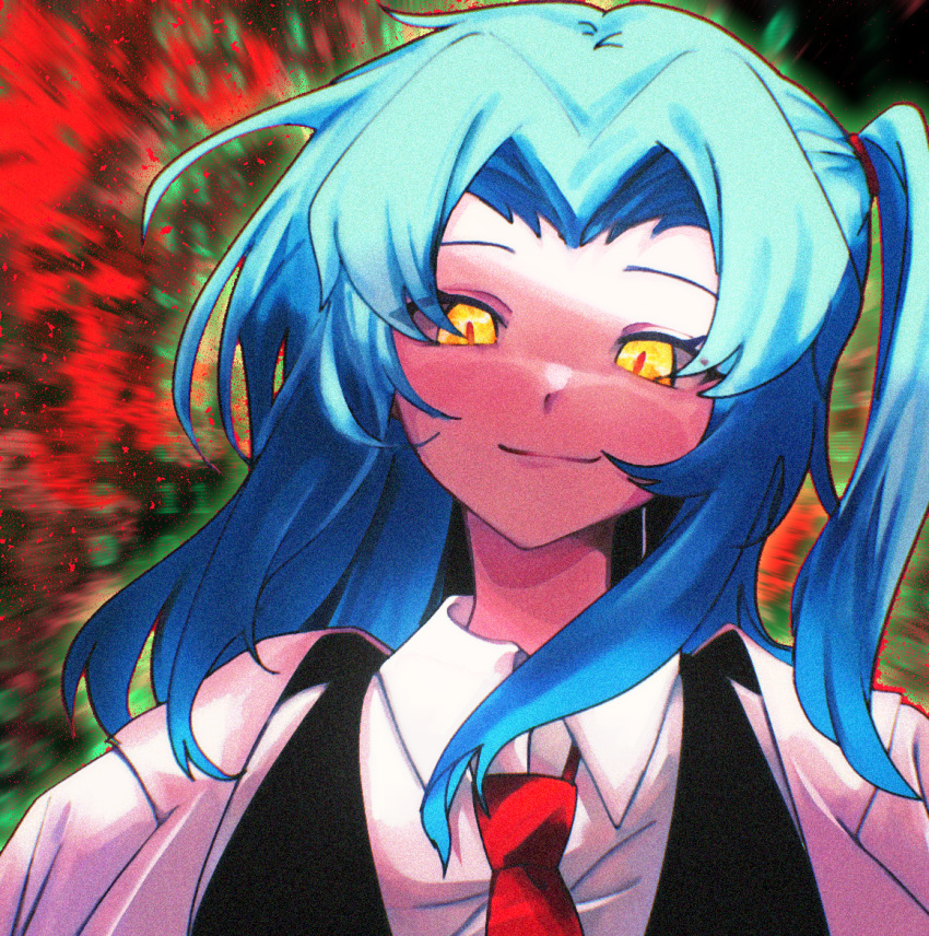 1girl, angela_(project_moon), black_vest, blue_eyes, chinese_commentary, closed_mouth, collared_shirt, commentary_request, curtained_hair, film_grain, ibispaint_(medium), jiehaitangsha, lobotomy_corporation, necktie, one_side_up, parted_bangs, portrait, project_moon, red_necktie, shirt, smile, solo, vest, white_shirt, yellow_eyes