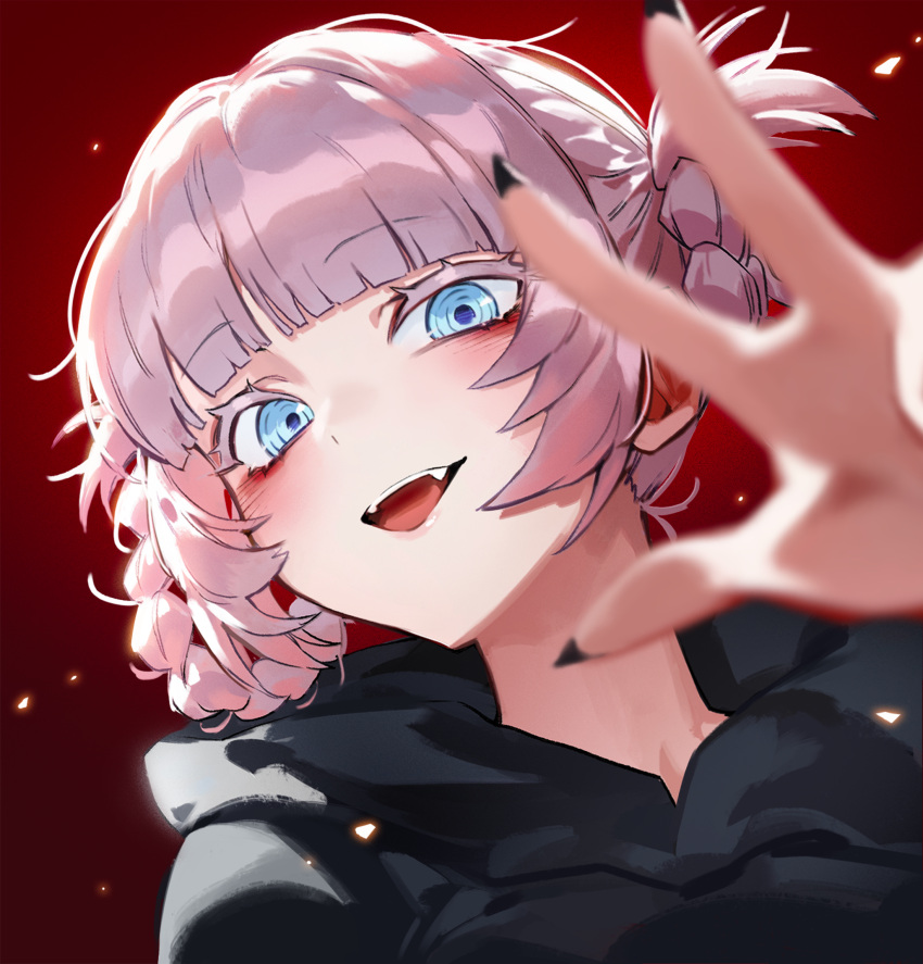 black_nails, black_sweater, blue_eyes, blunt_bangs, braid, braided_hair_rings, fang, foolish_potato