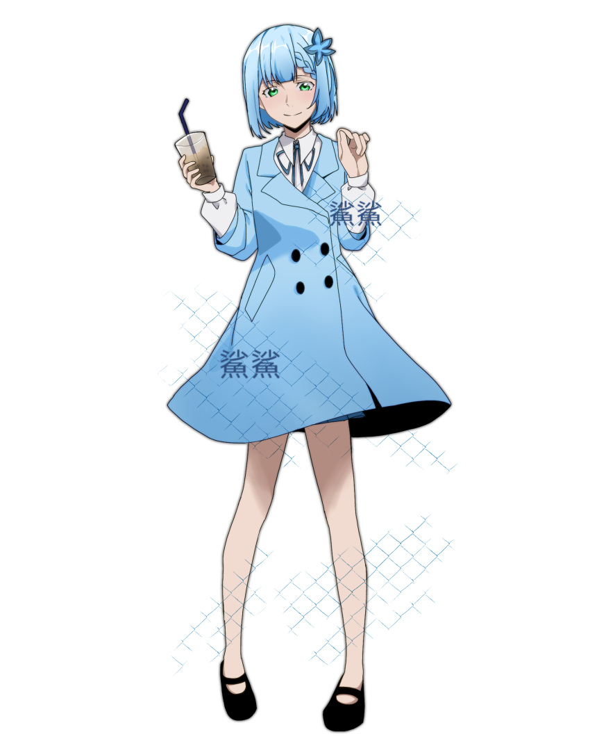 1girl, black_footwear, blue_coat, blue_hair, blue_ribbon, braid, braided_bangs, chinese_commentary
