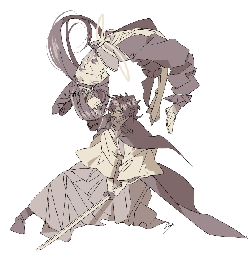 2boys, arms_behind_head, backflip, boots, chest_tattoo, chinese_clothes, coat, eye_contact, fang, fate/grand_order, fate_(series), full_body, gauntlets, hair_over_one_eye, hakama, high_ponytail, highres, holding, holding_sword, holding_weapon, japanese_clothes, katana, kimono, koha-ace, long_hair, long_sleeves, looking_at_another, male_focus, multiple_boys, nagatekkou, okada_izou_(fate), sash, scarf, shamoroku, sword, tattoo, toned, toned_male, topless_male, upside-down, weapon, wide_sleeves, yan_qing_(fate)