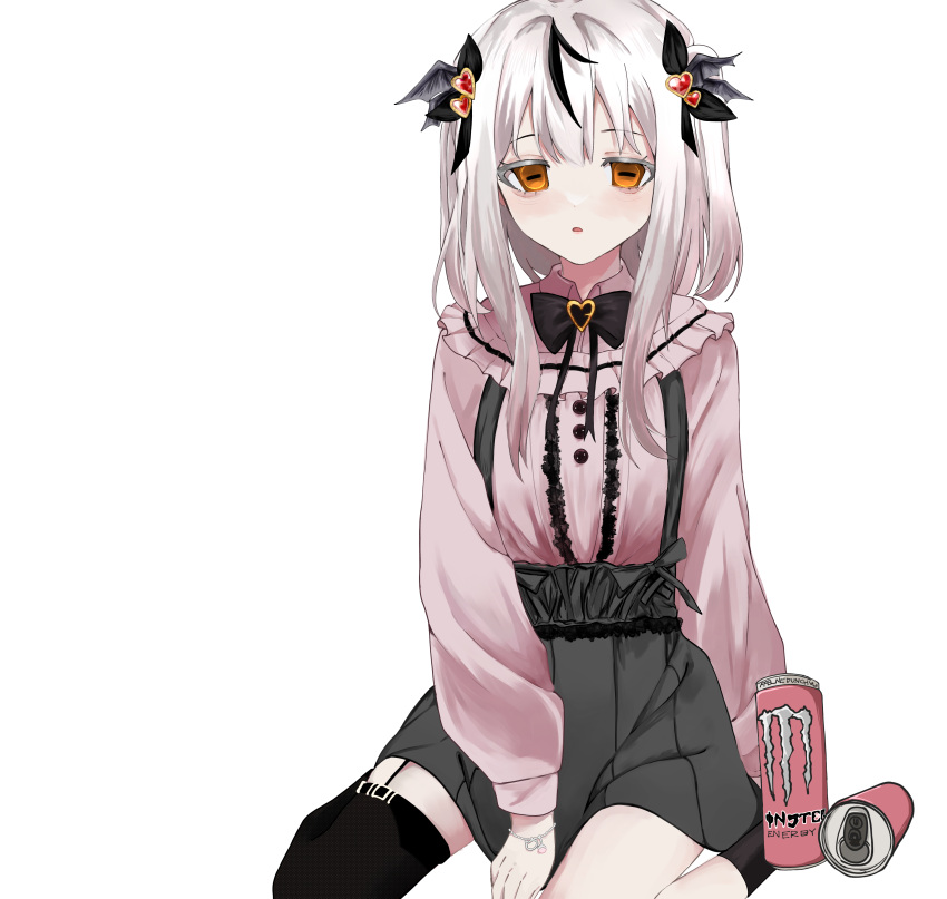 1girl, absurdres, asymmetrical_legwear, black_bow, black_bowtie, black_hair, black_skirt, black_socks, black_thighhighs, bow, bowtie, can, commentary, drink_can, hair_ornament, heart, heart_hair_ornament, highres, horizontal_pupils, jiehaitangsha, jirai_kei, long_sleeves, monster_energy, multicolored_hair, orange_eyes, original, parted_lips, pink_shirt, pleated_skirt, shirt, short_hair_with_long_locks, simple_background, sitting, skirt, socks, solo, streaked_hair, suspender_skirt, suspenders, symbol-only_commentary, thigh-highs, variant_set, wariza, white_background, white_hair