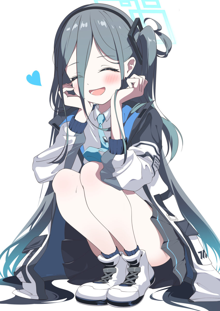 1girl, :d, ^_^, absurdres, aris_(blue_archive), black_hair, black_jacket, black_skirt