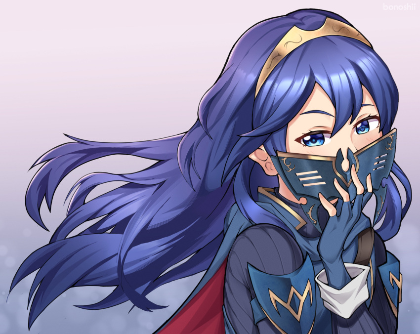 1girl, absurdres, blue_cape, blue_eyes, blue_gloves, blue_hair, bonoshii, brand_of_the_exalt
