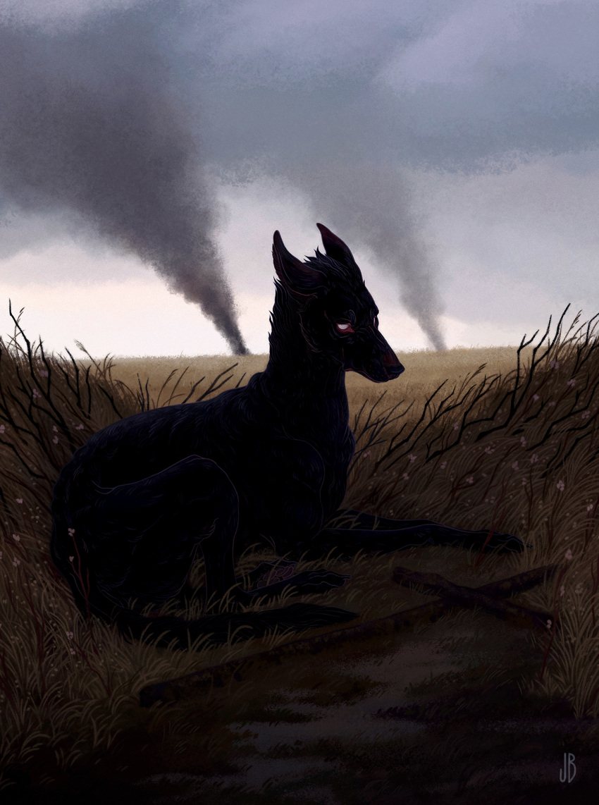 animal, black_dog, black_fur, blank_eyes, clouds, cloudy_sky, commentary, cross
