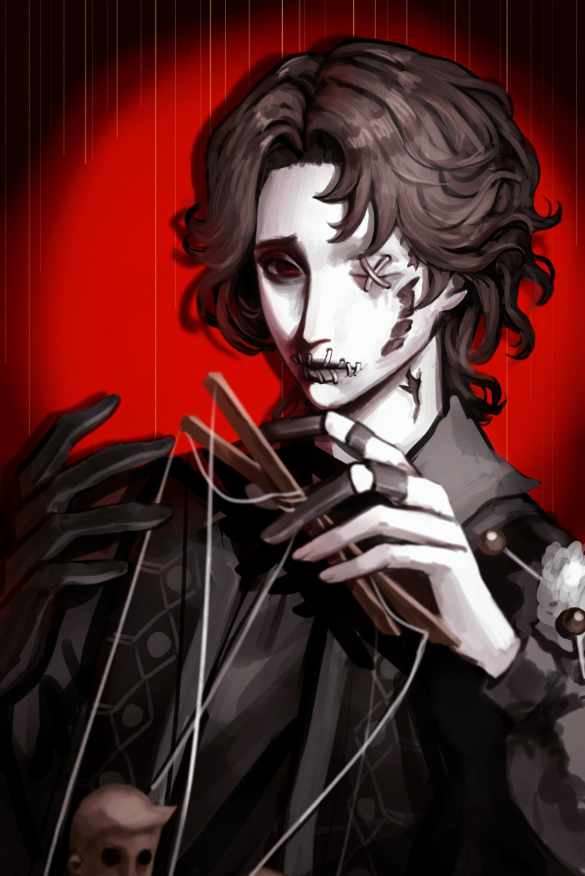 1boy, black_gloves, black_vest, brown_hair, busheng39319, closed_mouth, collared_shirt, gloves