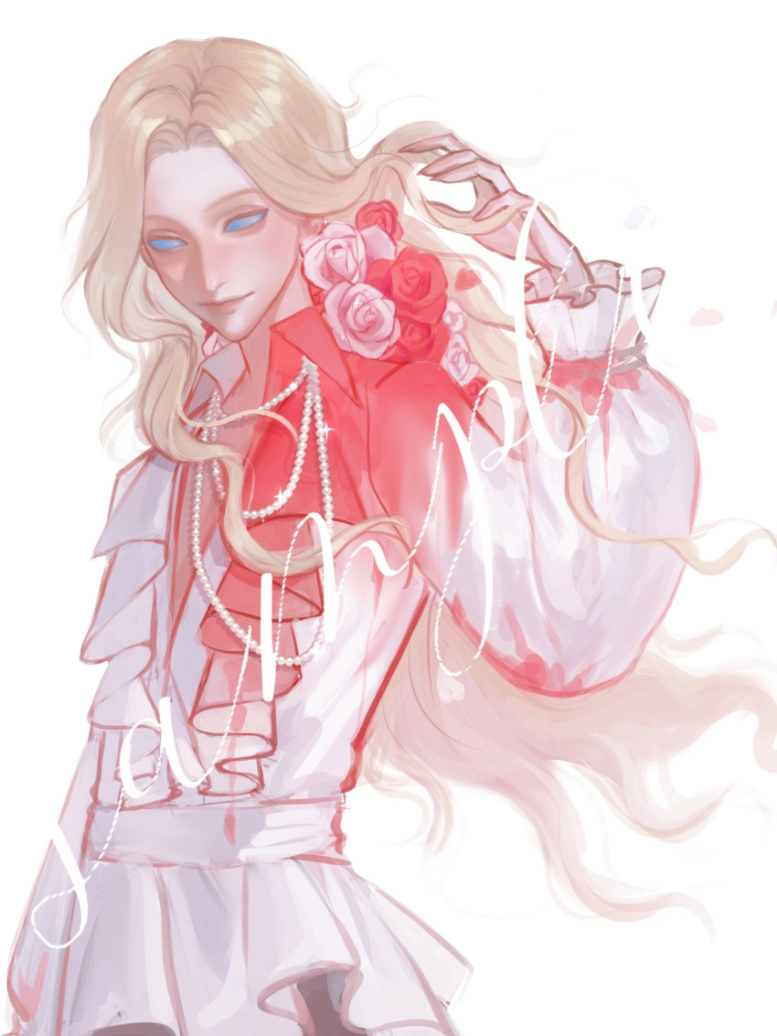 1boy, blonde_hair, blue_eyes, busheng39319, closed_mouth, collared_shirt, cowboy_shot, fingernails