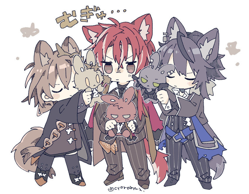 1girl, 2boys, animal_ear_fluff, animal_ears, arknights, black_footwear, black_gloves, black_hair, black_jacket, black_pants, black_thighhighs, blush_stickers, braid, brown_dress, brown_footwear, brown_hair, brown_jacket, brown_pants, character_doll, chibi, chibi_only, closed_eyes, closed_mouth, commentary_request, crossed_bangs, demetri_certaldo, dress, earclip, fingerless_gloves, full_body, gloves, hair_between_eyes, hair_ornament, highres, holding, holding_stuffed_toy, infection_monitor_(arknights), jacket, long_hair, long_sleeves, medium_hair, multicolored_hair, multiple_boys, naguru_(cyoroama), pants, penance_(arknights), pinstripe_jacket, pinstripe_pants, pinstripe_pattern, redhead, shirt, shoes, simple_background, single_glove, streaked_hair, stuffed_animal, stuffed_rabbit, stuffed_toy, tail, thigh-highs, translation_request, twitter_username, white_background, white_shirt