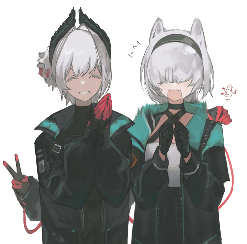 2girls, absurdres, animal_ears, arknights, bird_girl, black_feathers, black_gloves, cable