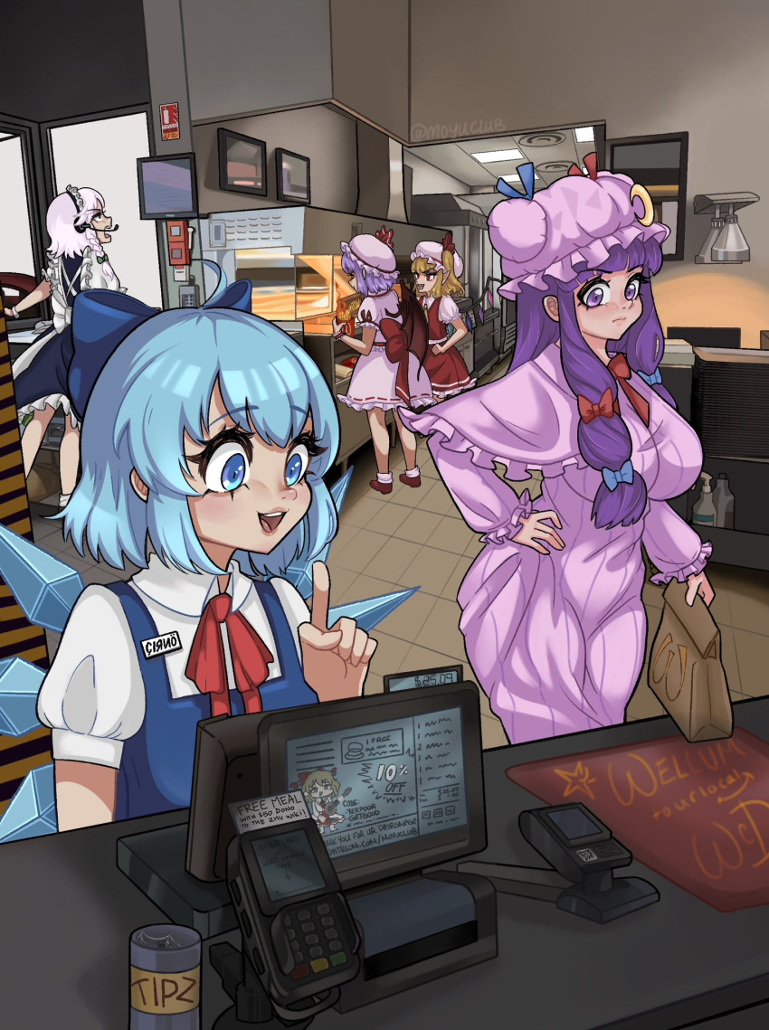 5girls, back_bow, bag, bat_wings, blonde_hair, blue_bow, blue_dress, blue_eyes