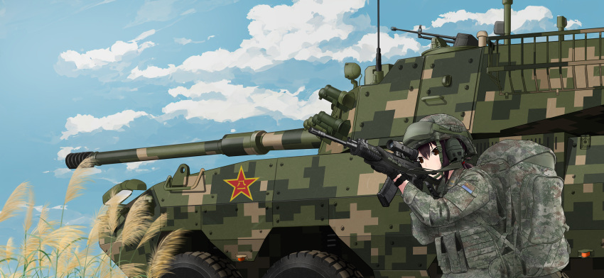 1girl, absurdres, aiming, assault_gun, august1st, backpack, bag, black_eyes, black_hair, blue_sky, camouflage, cannon, chin_strap, clouds, digital_camouflage, eight-wheel_drive, helmet, highres, load_bearing_equipment, military_vehicle, original, people's_liberation_army, people's_liberation_army_ground_force, qbz-191, scope, sky, smoke_grenade_launcher, solo, type_08_combat_vehicle, user_uejr5243, wheat, wheel, ztl-11