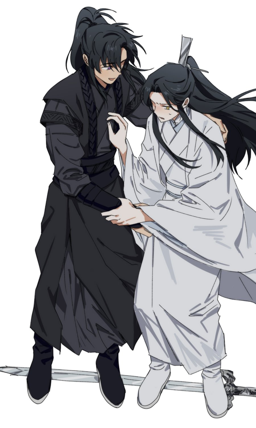 2boys, black_footwear, black_hair, black_hanfu, blush, boots, bujang, chinese_clothes, chu_wanning, erha_he_tadebai_mao_shizun, floating, floating_object, floating_sword, floating_weapon, full_body, half_updo, hand_on_another's_back, hanfu, high_ponytail, highres, holding_another's_wrist, long_hair, long_sleeves, looking_at_another, male_focus, mo_ran, multiple_boys, open_mouth, sash, simple_background, smile, standing_on_sword, sweatdrop, sword, violet_eyes, weapon, white_background, white_footwear, white_hanfu, xiao_guan_(headdress), yellow_eyes
