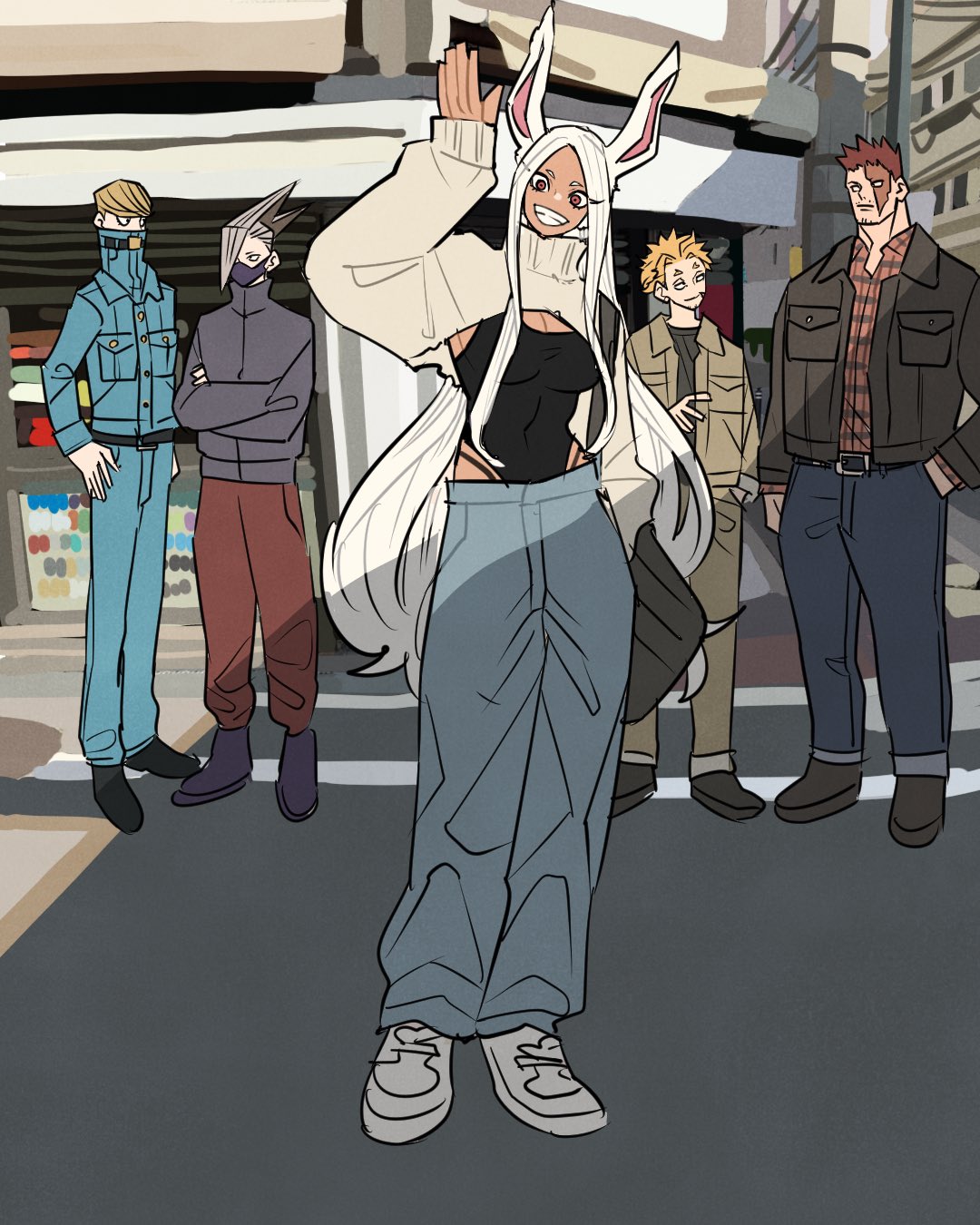 1girl, 4boys, animal_ears, best_jeanist, blonde_hair, blue_pants, boku_no_hero_academia, commentary_request, crossed_arms, edgeshot, endeavor_(boku_no_hero_academia), facial_hair, full_body, goatee_stubble, hair_over_one_eye, hand_in_pocket, hawks_(boku_no_hero_academia), high_collar, highres, long_hair, mask, mirko, mouth_mask, multiple_boys, outdoors, pants, ponytail, rabbit_ears, scar, scar_on_face, smile, stubble, takeuchi_ryousuke, tall_male, turtleneck, white_hair