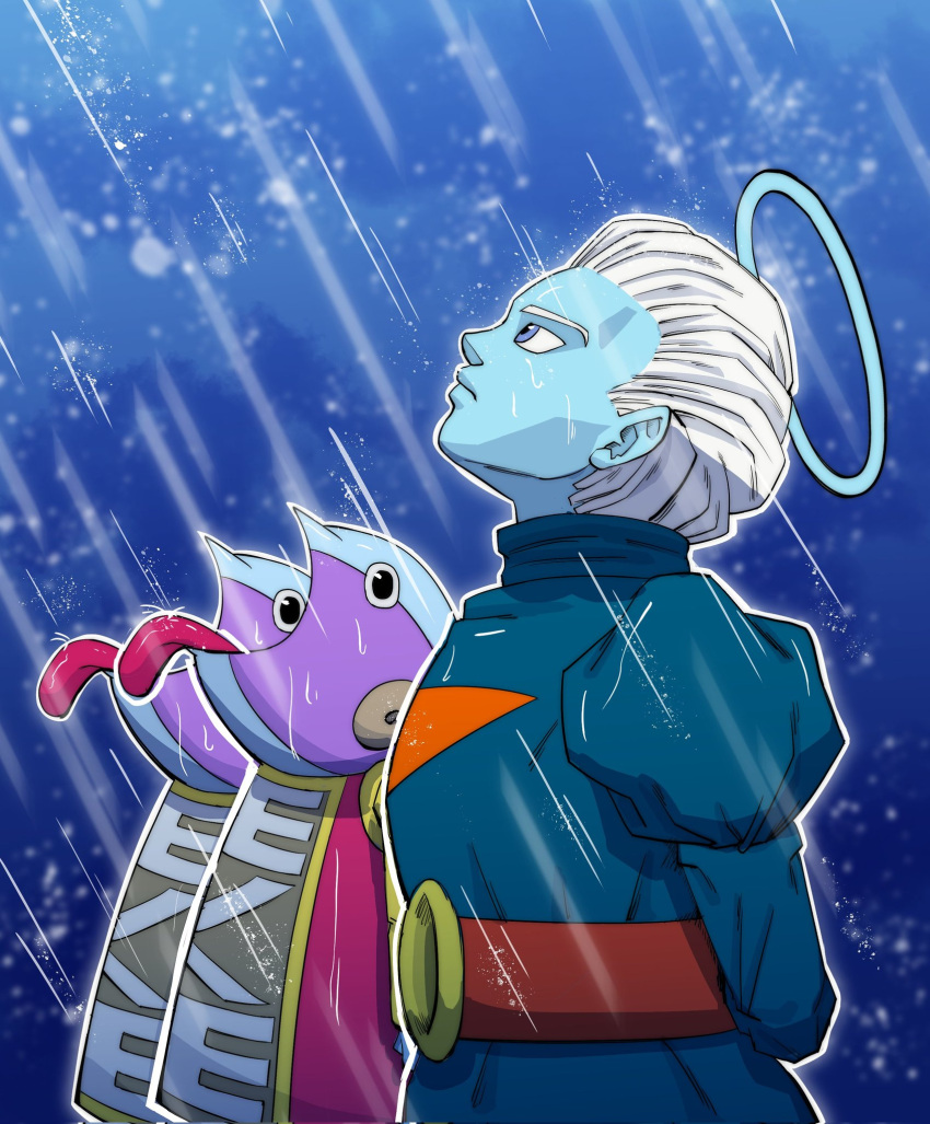 3boys, angel, belt, black_eyes, blue_background, blue_hair, blue_halo, blue_shirt, blue_skin, closed_mouth, colored_skin, daishinkan, dragon_ball, dragon_ball_super, english_commentary, goku_and_vegeta_in_the_rain_(meme), gradient_background, halo, highres, juliet_sleeves, long_sleeves, looking_up, male_focus, meme, multiple_boys, nose, open_mouth, outdoors, outline, puffy_sleeves, purple_skin, rain, red_belt, shirt, short_hair, tongue, tongue_out, turtleneck, turtleneck_shirt, wet, white_hair, white_outline, zen'ou_(dragon_ball), zerooart