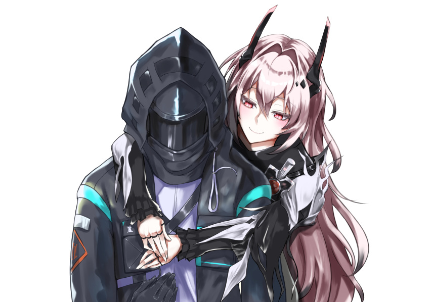 1girl, 1other, @labi1035, arknights, black_dress, black_gloves, black_horns, black_jacket