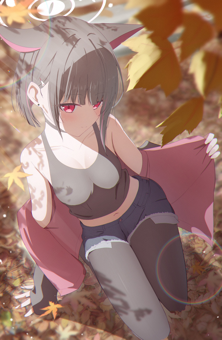 1girl, alternate_costume, animal_ears, autumn_leaves, black_hair, blue_archive, cat_ears, highres