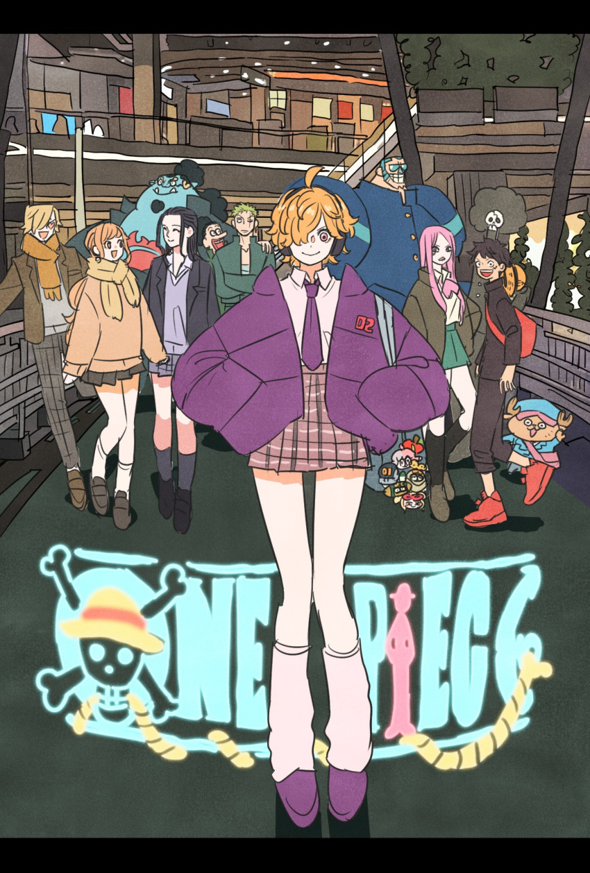4girls, 6+boys, ^_^, afro, bag_charm, black_hair, black_skirt, blonde_hair