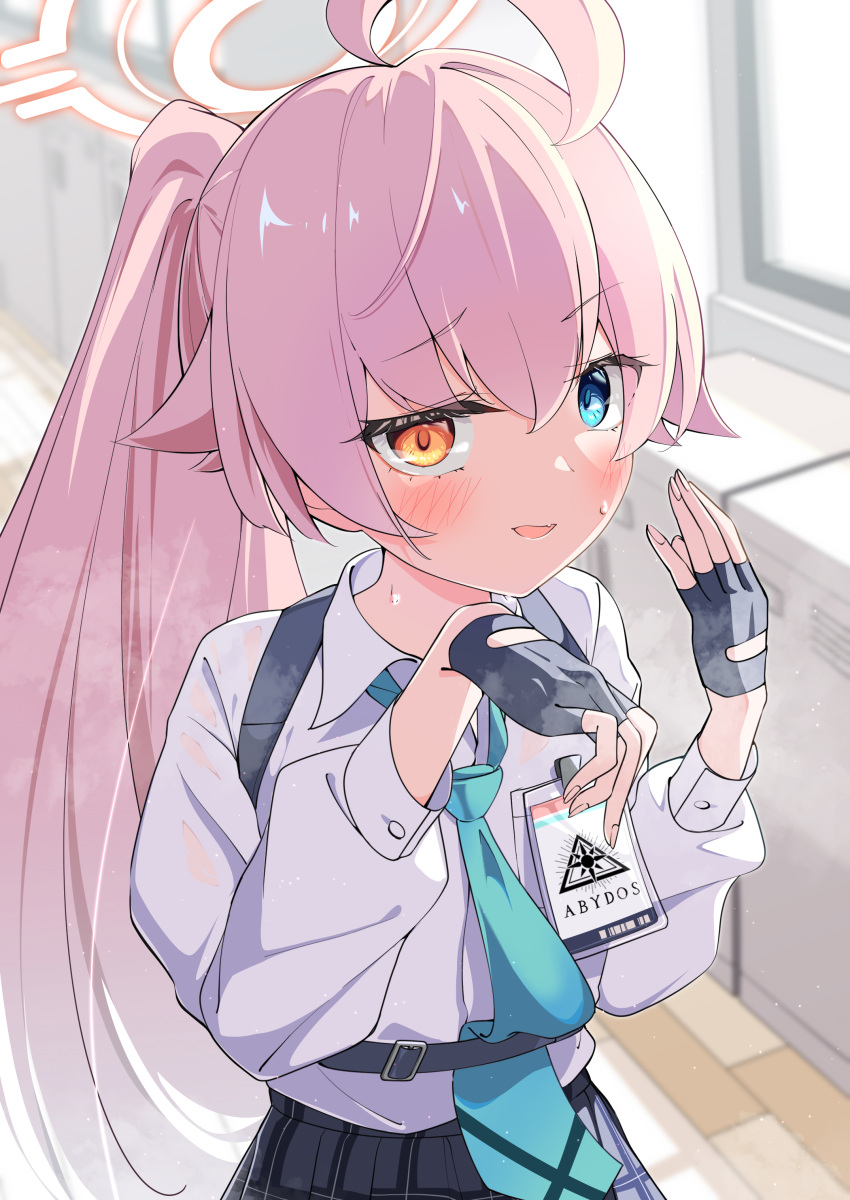 1girl, absurdres, ahoge, black_gloves, black_necktie, blue_archive, blue_eyes, breath