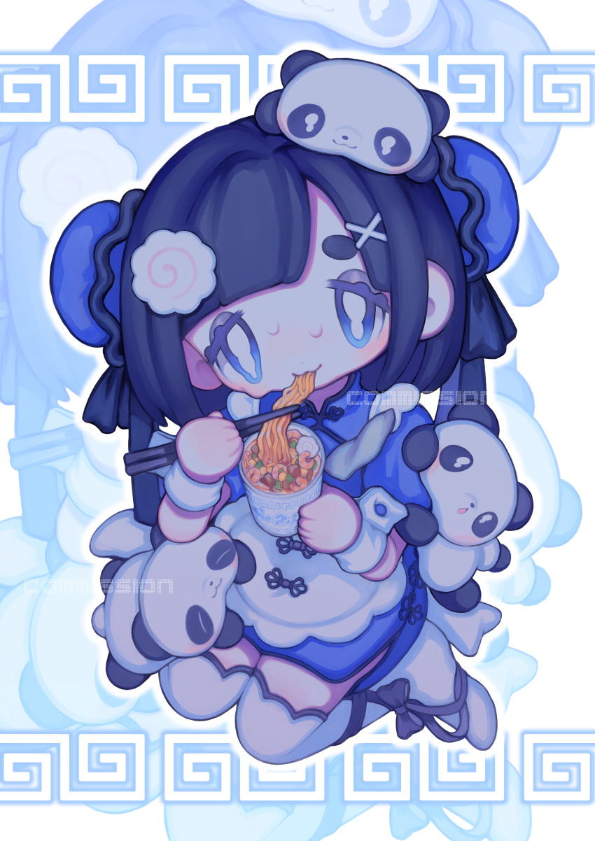 1girl, :3, absurdres, black_hair, blue_dress, blue_eyes, bright_pupils, bun_cover
