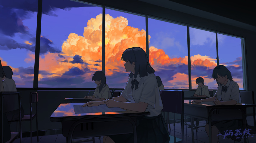1boy, 6+girls, artist_name, black_bow, black_hair, blue_sky, bow, brown_hair, chair, classroom, closed_eyes, closed_mouth, clouds, cloudy_sky, collared_shirt, dated, day, desk, expresso, from_side, highres, holding, indoors, litchi971, multiple_girls, necktie, original, paper, pen, pleated_skirt, profile, reflection, reflective_surface, scenery, school_desk, school_uniform, shirt, short_hair, signature, sitting, skirt, sky, sunlight, sunset, window, writing