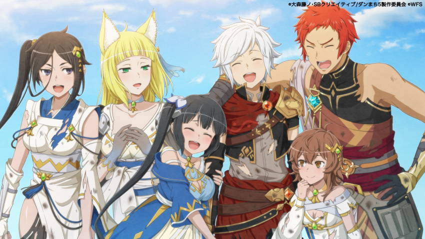 2boys, 4girls, :d, ^_^, ahoge, animal_ears, armor, bare_shoulders