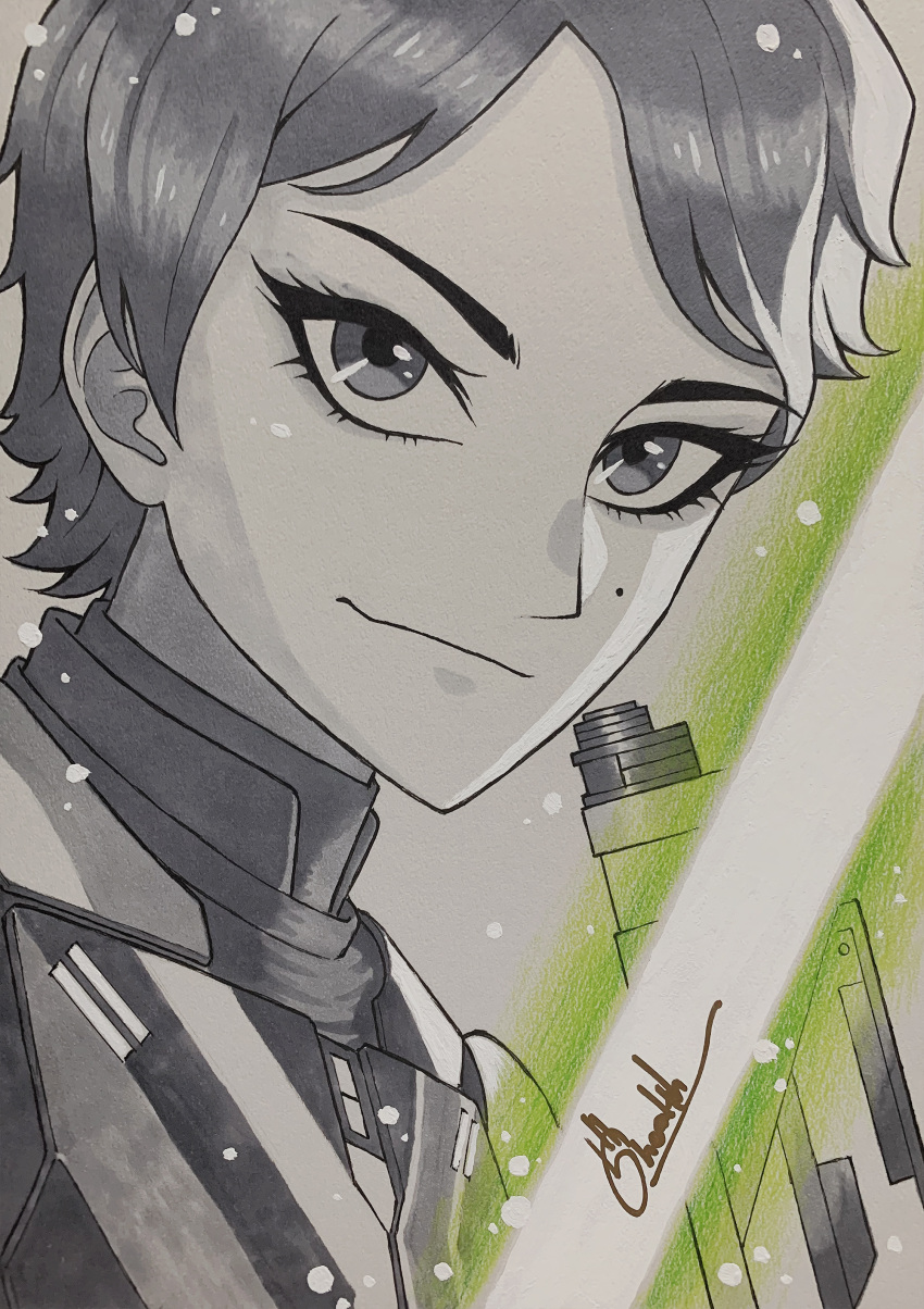 1girl, 5health, absurdres, animification, armor, energy_sword, grey_background, highres