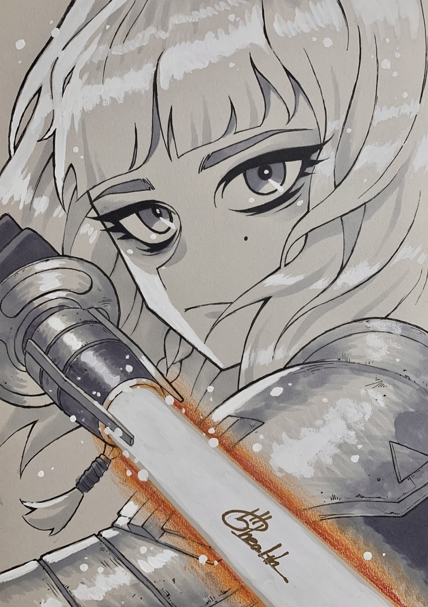 1girl, 5health, absurdres, armor, braid, commission, energy_sword, from_side