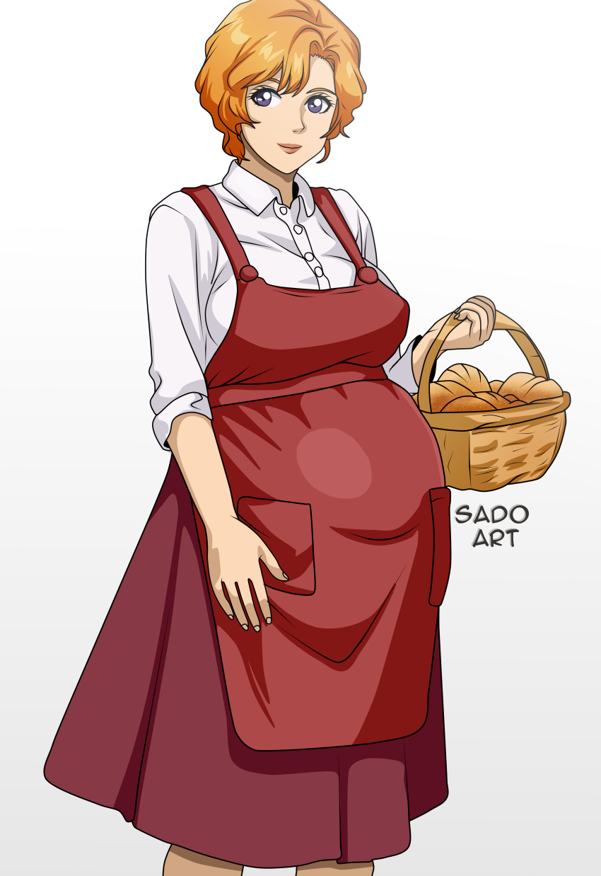 1girl, absurdres, apron, basket, berah_ronah, bread, breasts, collared_shirt