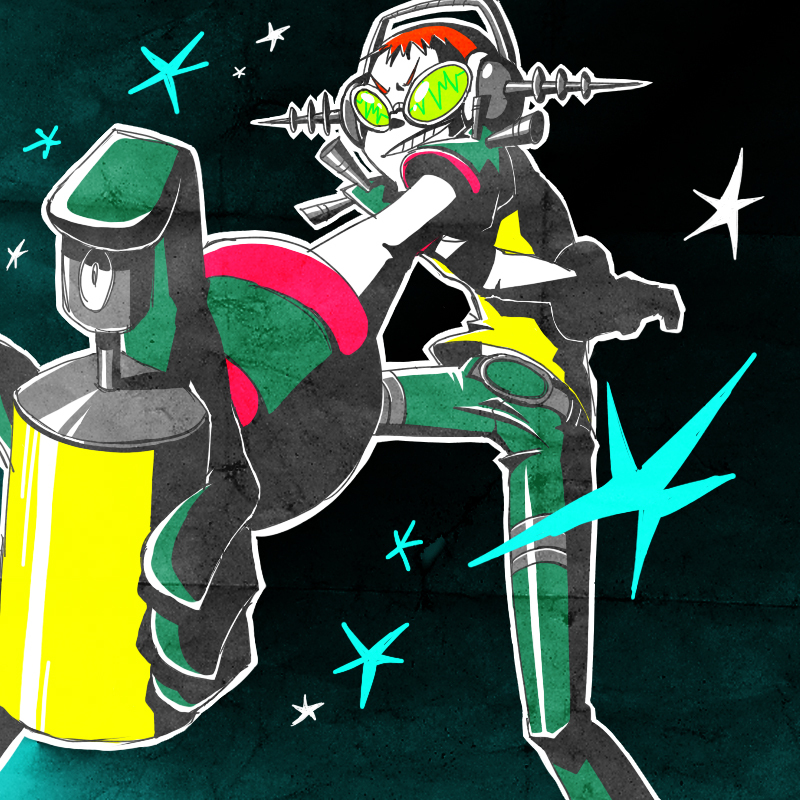 beat_(jsr), eyebrows, foreshortening, gloves, goggles, grin, headphones, jet_set_radio