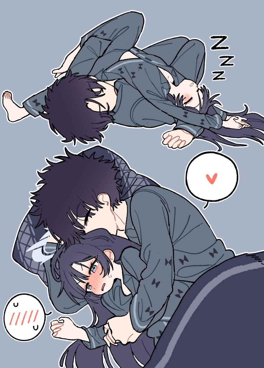 1boy, 1girl, absurdres, barefoot, black_hair, blanket, blue_archive, blue_background, blush, cuddling, grey_halo, halo, heart, hetero, highres, je_o_mo, kisaki_(blue_archive), lying, pajamas, pillow, platonic_sleeping_together, sensei_(blue_archive), sensei_(blue_archive_the_animation), simple_background, sleeping, sleeping_on_person, spoken_blush, spoken_heart, uncomfortable, zzz