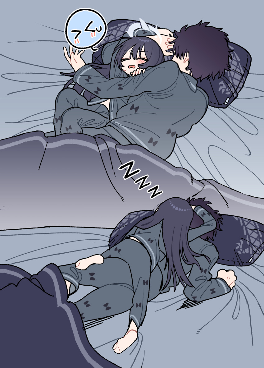 >_<, 1boy, 1girl, absurdres, bed_sheet, black_hair, blanket, blue_archive