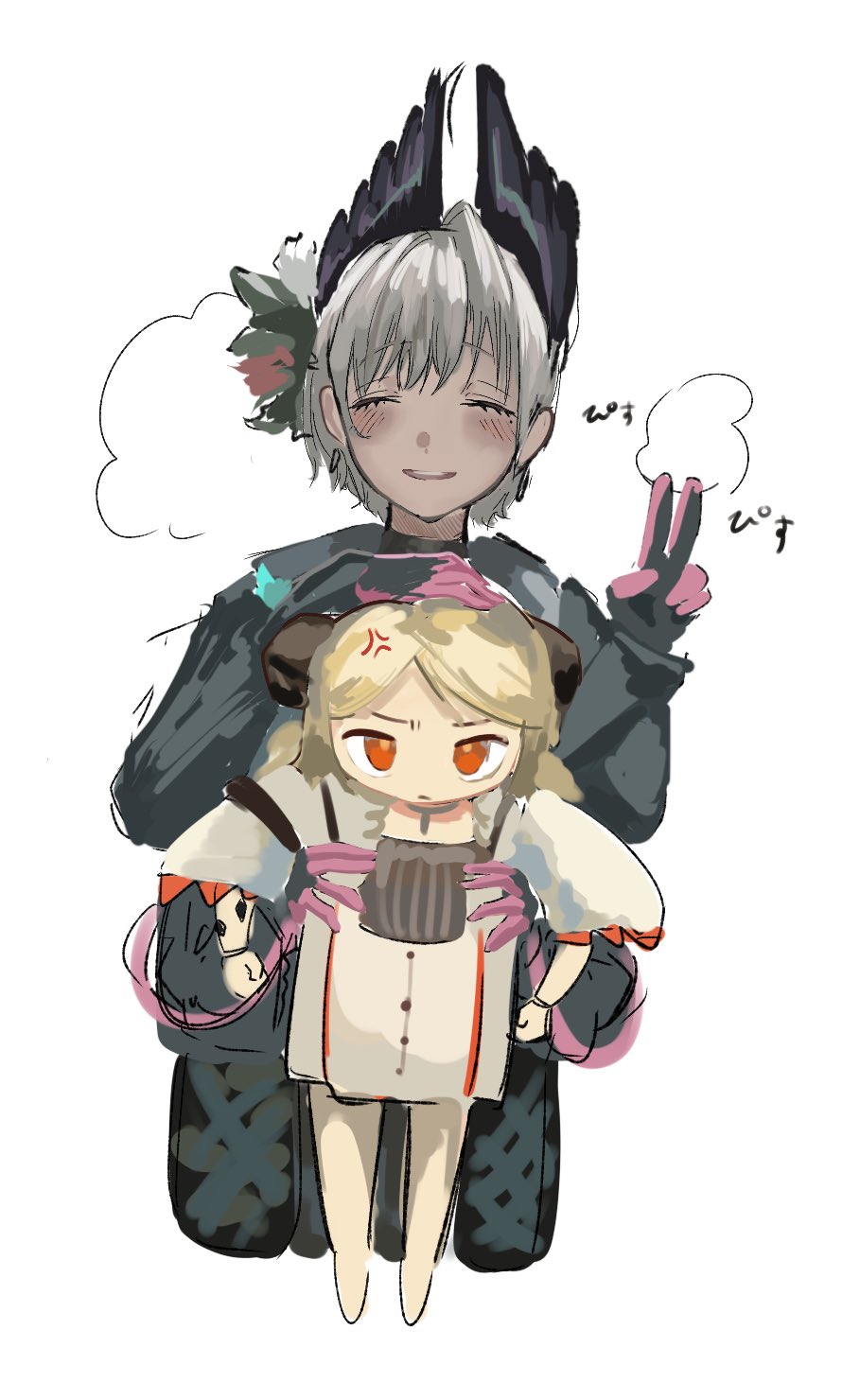 2girls, anger_vein, arknights, bird_girl, black_feathers, blonde_hair, blush, cable