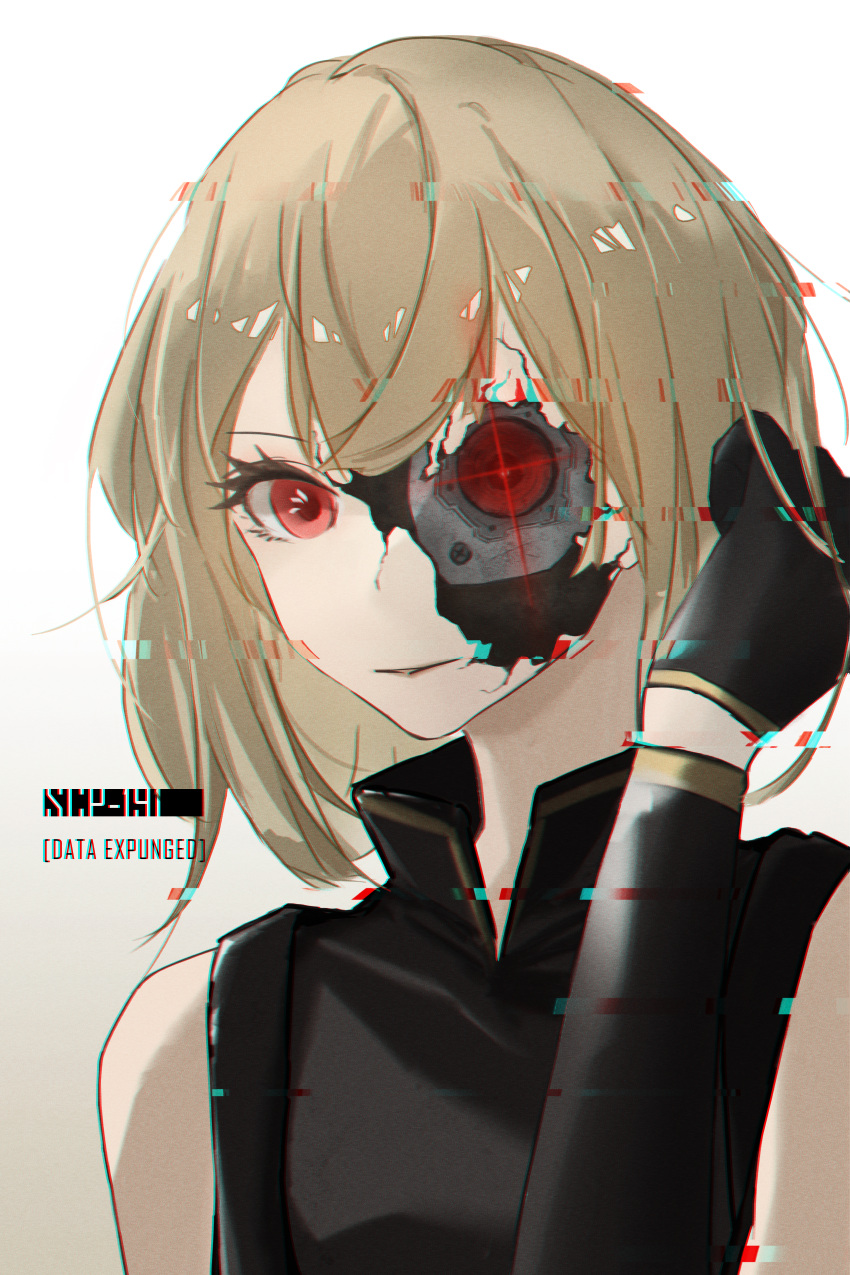 1girl, absurdres, android, black_gloves, black_shirt, broken_skin, character_name, chinese_commentary