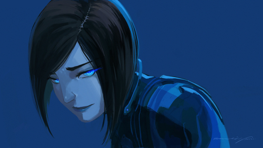 1girl, black_hair, blue_background, blue_eyes, blue_jacket, blue_lips, blue_skin, blue_theme
