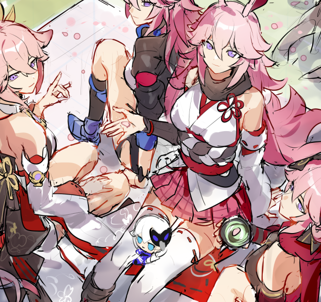 4girls, animal_ears, black_jacket, blanket, breasts, character_doll, company_connection, dress, du_mingya, fox_ears, fox_girl, genshin_impact, grape_(pixiv27523889), grass, honkai_(series), honkai_impact_3rd, jacket, japanese_clothes, kallen_kaslana, kallen_kaslana_(sixth_serenade), large_breasts, long_hair, mihoyo, multiple_girls, ninja, nontraditional_miko, picnic, pink_hair, pink_skirt, rice_bag, sakura_ayane, shirt, skirt, trait_connection, violet_eyes, voice_actor_connection, white_dress, white_shirt, yae_kasumi, yae_miko, yae_sakura, yae_sakura_(goushinnso_memento), yae_sakura_(gyakushinn_miko)
