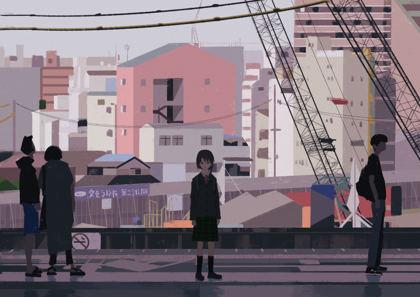 1girl, absurdres, backpack, bag, black_socks, bowl_cut, building, city, cityscape, commentary_request, crane_(machine), day, hair_ornament, highres, iwakura_lain, looking_at_viewer, no_smoking, outdoors, people, plaid_clothes, plaid_skirt, power_lines, ribbon, road, sakutaro_(39ar_39ca), school_uniform, serial_experiments_lain, short_hair, skirt, socks, solo_focus, street, wide_shot, x_hair_ornament