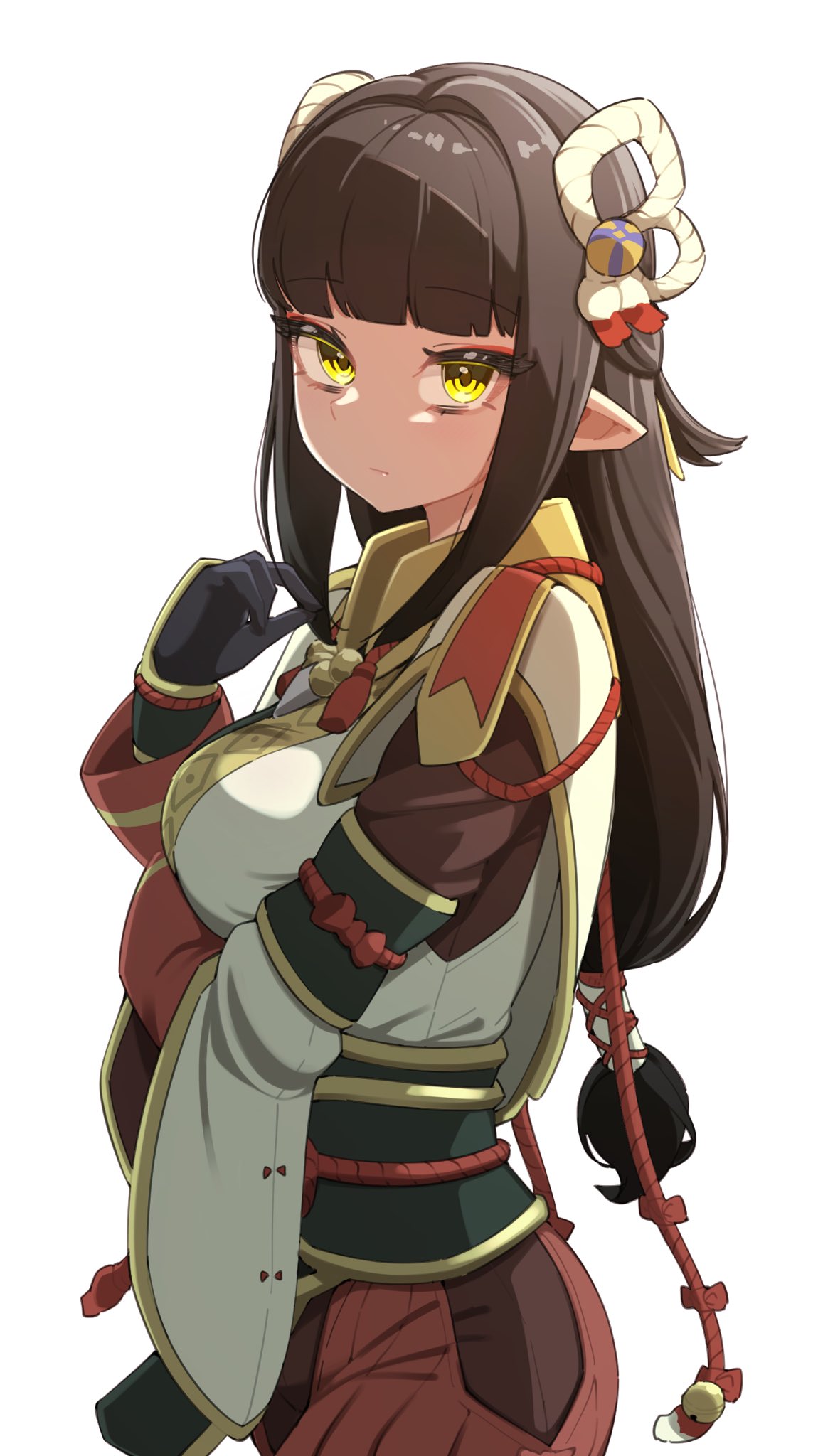 1girl, black_gloves, black_hair, blunt_bangs, breasts, closed_mouth, eyeshadow, gloves