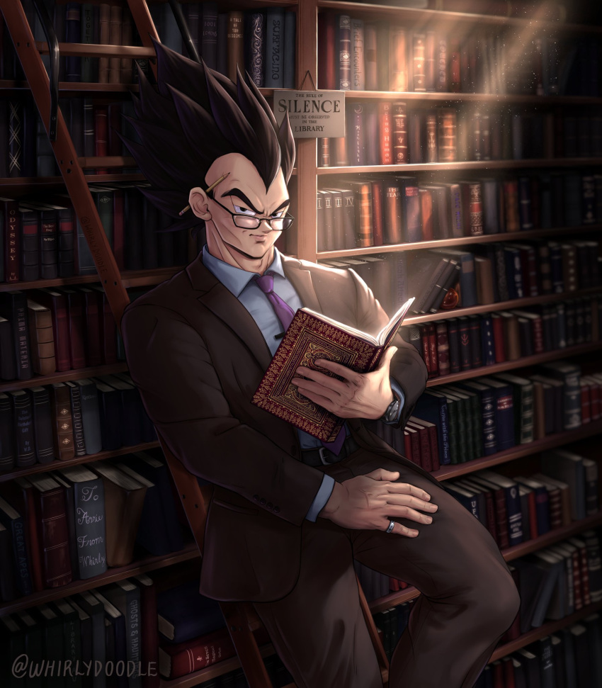 1boy, alternate_costume, artist_name, bespectacled, black-framed_eyewear, black_eyes, black_hair, blue_shirt
