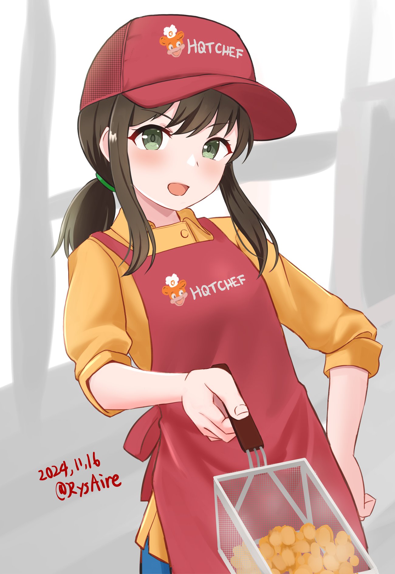 1girl, alternate_costume, ame-san, apron, baseball_cap, bikini, blush, brown_hair