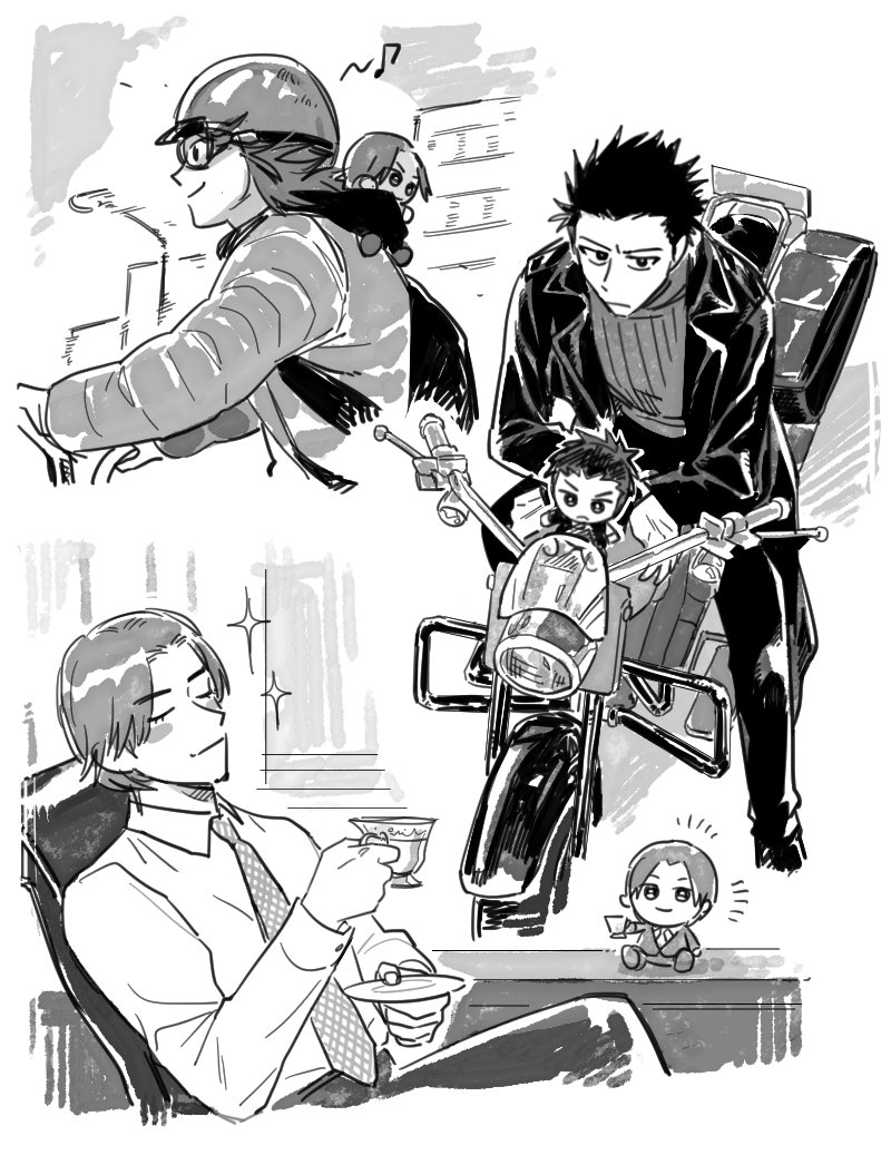 3boys, akiyama_ren, bag, chair, cup, glasses, helmet, jacket