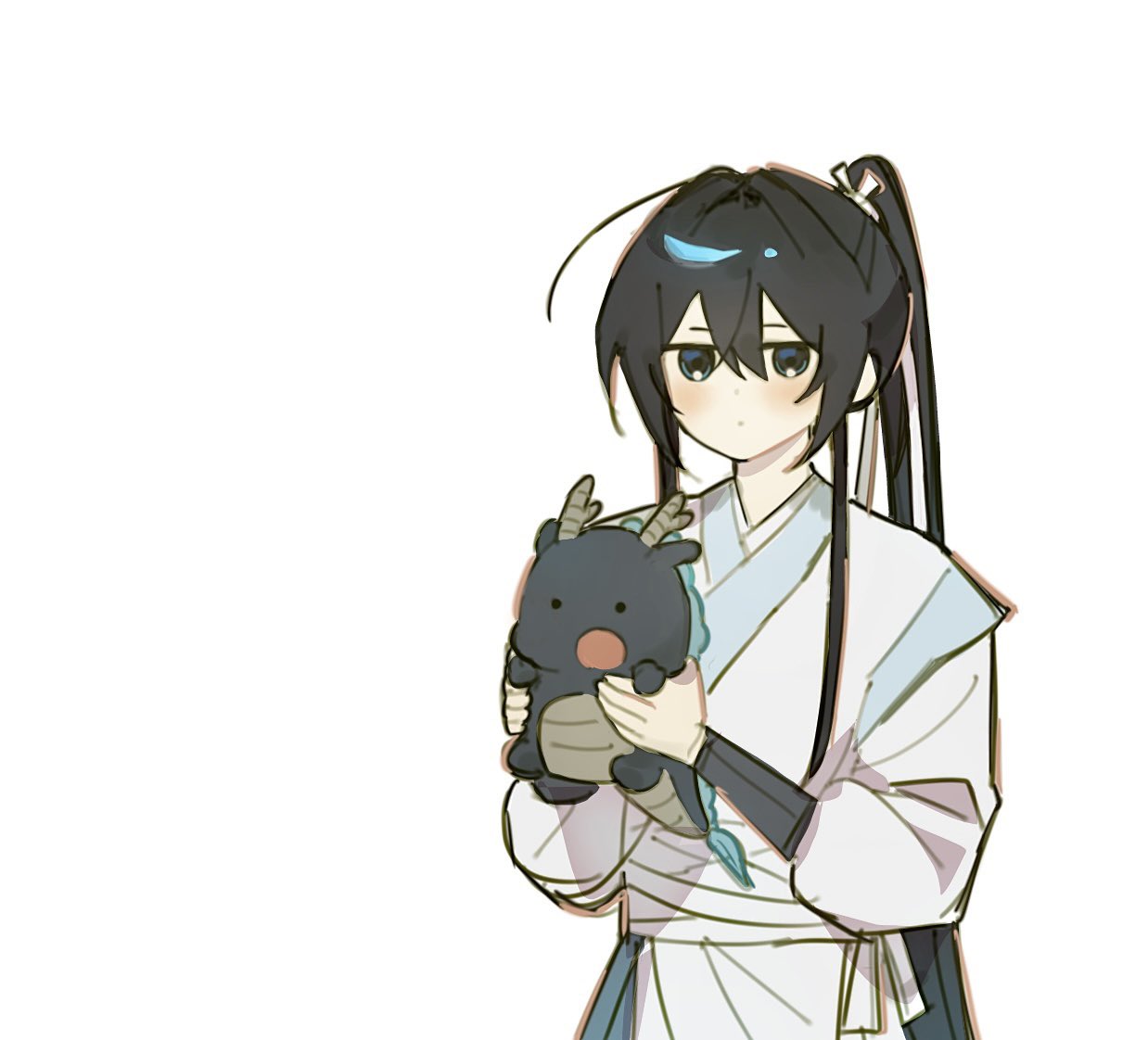 1boy, ahoge, animal, black_hair, blue_eyes, closed_mouth, dot_mouth, dragon