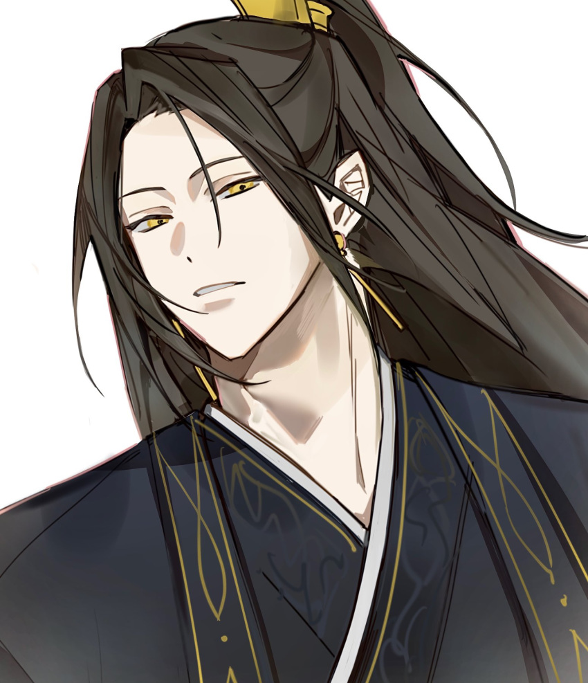 1boy, black_hanbok, brown_hair, earrings, gold_earrings, half_updo, hanbok, high_ponytail