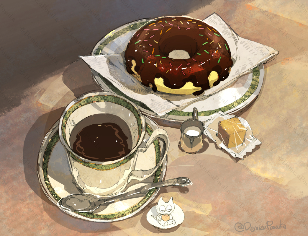 brown_sugar, coffee, coffee_mug, creamer_(vessel), cup, demizu_posuka, doughnut, drink