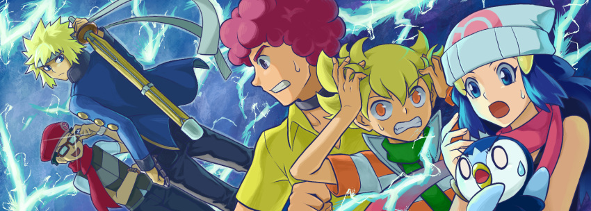 1girl, 4boys, 521mitsu, afro, barry_(pokemon), beanie, beret, blonde_hair, blue_background, blue_eyes, blue_hair, dark_blue_hair, electricity, flint_(pokemon), glasses, green_scarf, hat, highres, hikari_(pokemon), looking_at_another, lucas_(pokemon), multiple_boys, opaque_glasses, open_mouth, orange_eyes, pink_scarf, piplup, pokemon, pokemon_(creature), pokemon_dppt, red_scarf, redhead, scarf, sweat, teeth, volkner_(pokemon)