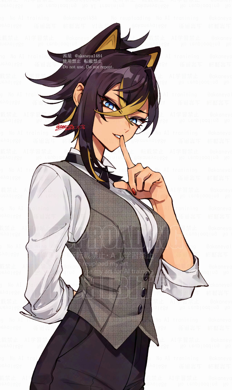 1girl, alternate_hair_length, alternate_hairstyle, arm_behind_back, artist_name, asymmetrical_hair, black_pants, black_ribbon