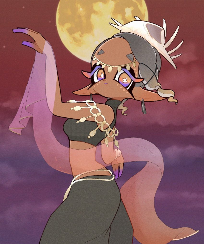 1girl, 333surimi, circlet, colored_eyelashes, crop_top, dancing, dark-skinned_female, dark_skin, earrings, film_grain, from_side, frye_(splatoon), harem_pants, highres, inkling, jewelry, moon, official_alternate_costume, pants, pointy_ears, short_eyebrows, solo, splatoon_(series), splatoon_3, tentacle_hair