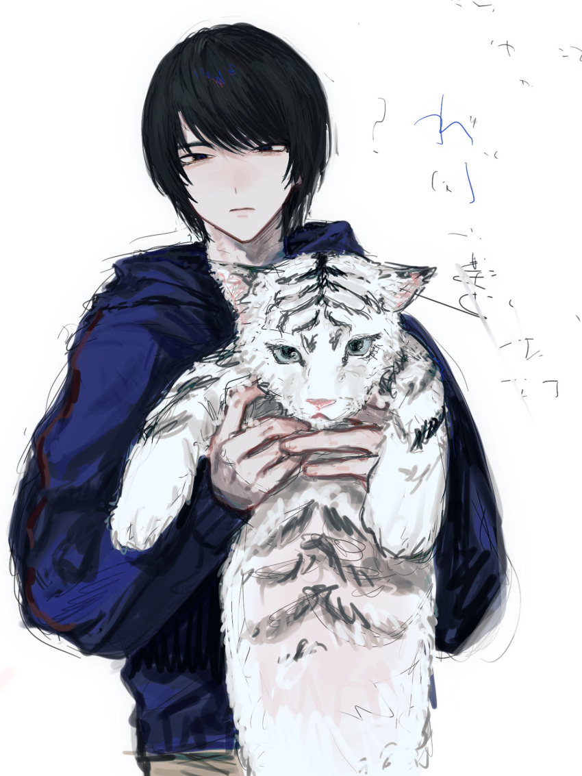 1boy, black_eyes, black_hair, blue_hoodie, highres, hood, hoodie, kamen_rider, kamen_rider_ryuki_(series), looking_at_viewer, pants, sch1z0_dipshit, short_hair, sketch, tiger, toujou_satoru, white_background, white_tiger